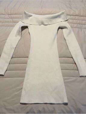 Edikted Off-Shoulder Long Sleeve Knit Dress in cream color